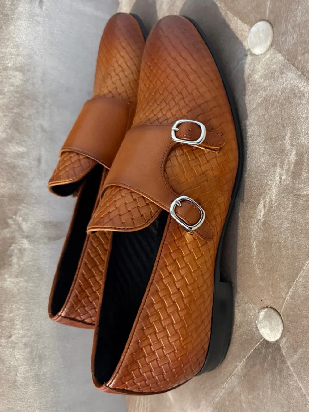 Men's Tan Woven Double Monk Strap Loafers
